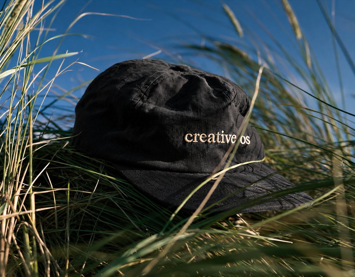 A black linen cap embroidered creative os, lying in dune grass